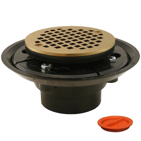 Jones Stephens 2inX3in ABS Shower Drain, 2in ABS Spud, 4in Round Polished Brass Cast Strainer, Test Plug D50332TP